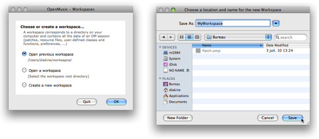 The OM dialogue window allows to choose or create a workspace. A name and
location are chosen by the user when creating a new
workspace.