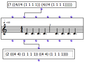 Here, the (1 1 1 1) sub list represents four equal subdivisions of a 4/4
measure. OM calculated that the tree has two measures.