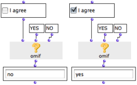 In the first case, the OMIF box returns the second argument, because the
checkbox returns "nil". In the second case, it returns the first argument,
because the checkbox returns "t".