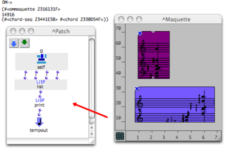 This synthesis patch prints the list returned by the Maquette Self Input :
its reference, duration, TemporalBoxes references, and the objects contained
in the TemporalBoxes.