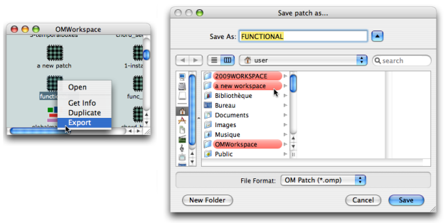 Exporting a folder from the OMWorkspace to another workspace.The relevant
extension is always offered by the lower pop up menu of the dialogue window.
It is added to the file name automatically.