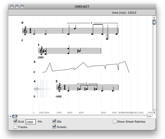 The spacing of the grid units (here, of 1000ms = 1s) is optimized
depending on the graphical constraints of the objects in the
score.