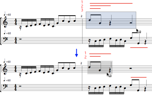 The second mesure of the first voice shows three groups levels nested within
each other.