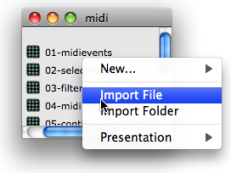 Importing a file to the Midi folder of the OMWorkspace using the contextual
menu.