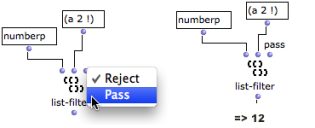 The list-filter function has three arguments : the numberp predicate, a list
and an action (pass or reject). Here, it passes numbers only (pass +
numberp) and returns (2).