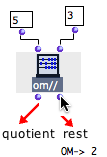 Om// performs an euclidean division : its first output returns a quotient,
its second output returns a rest. The evaluation of the "rest" output
necessarily triggers the evaluation of the whole function.